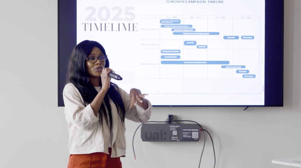 MA Fashion Marketing and Global Cultures Course Leader, Ruth Jacobs presenting. Still taken from a video by Orlando Collegaro. 