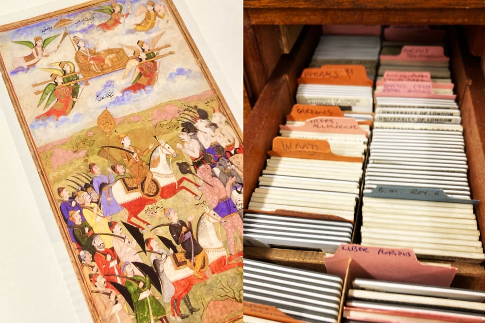 on the left a persian style painting featuring horses and on the right, the inside of a filing cabinet