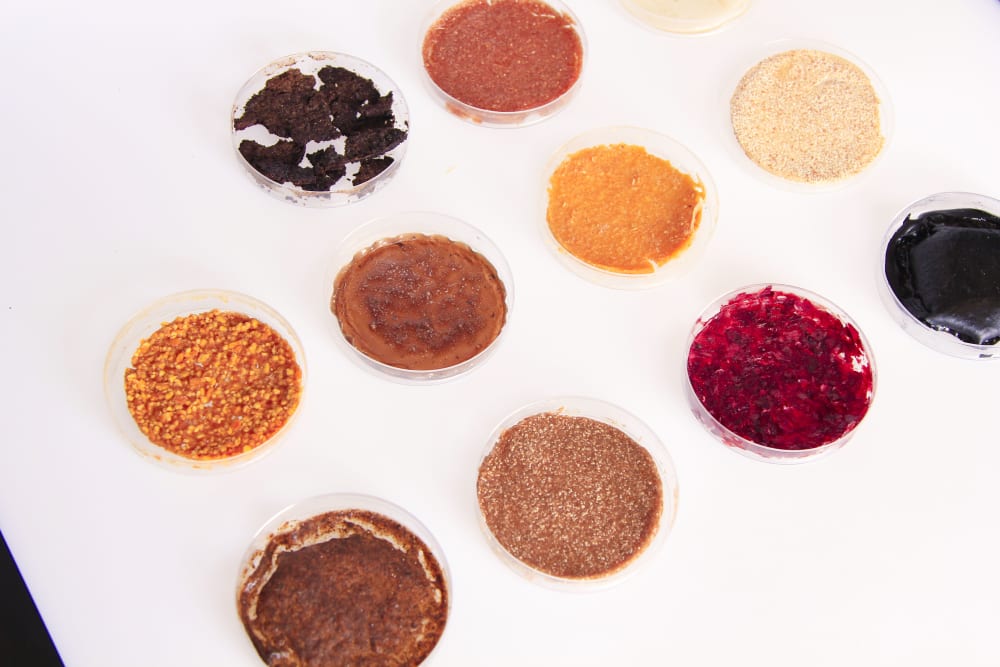 Close up of 11 food sample waste in circular containers