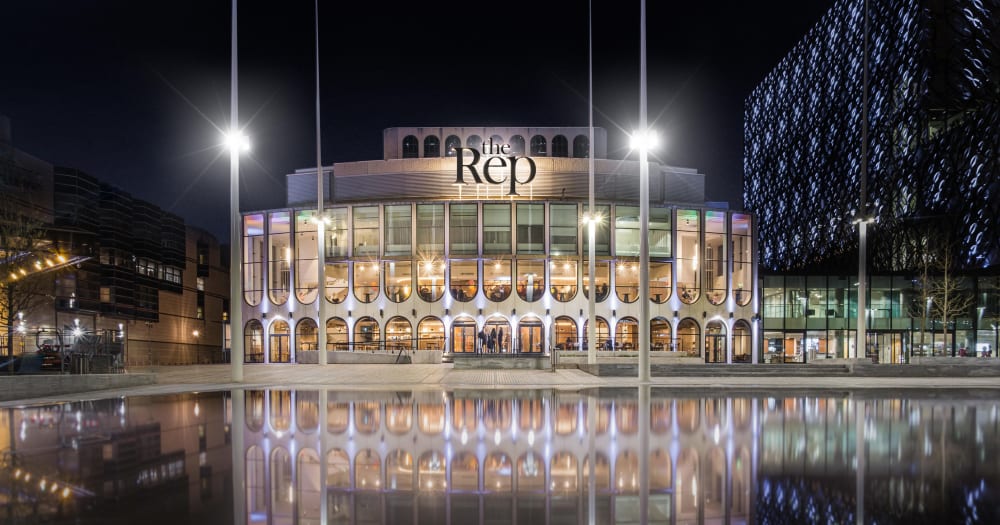 Nighttime photo of Birmingham Repertory Theatre.
