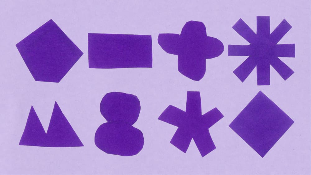 Dark purple shapes on a light purple background. There are eight shapes in total, organised in two neat rows.