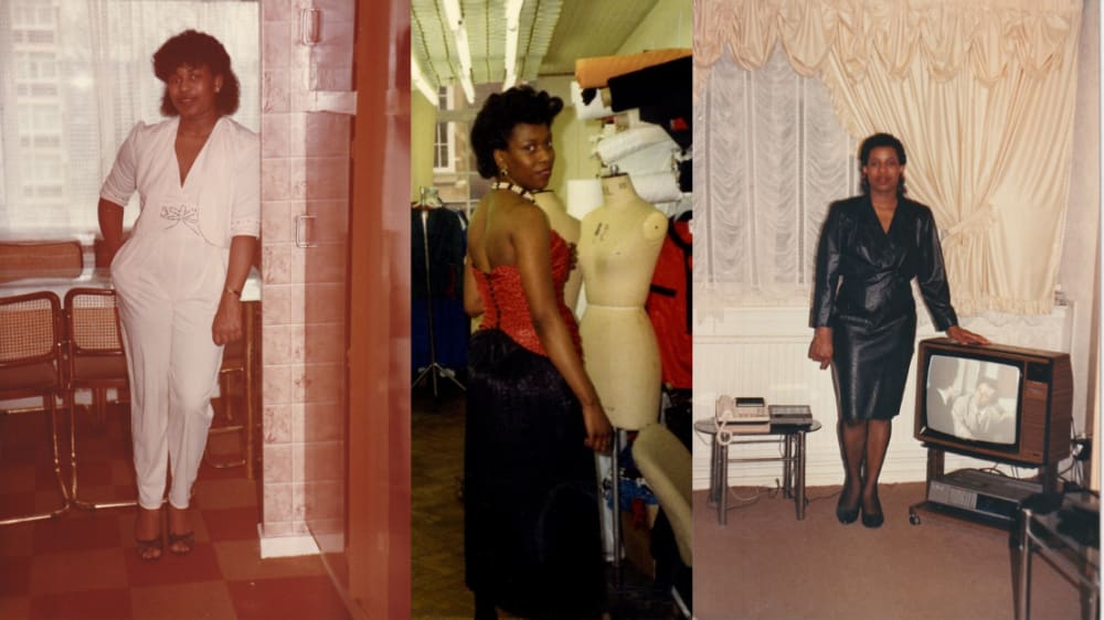 Collage of 3 images. First image in 1983 standing in a room in a white jumpsuit in 1983.  Second image a woman standing in a room with fabrics in a red corset and black skirt in 1986. Third image of a women in a living room in a long black leather dress 1986.