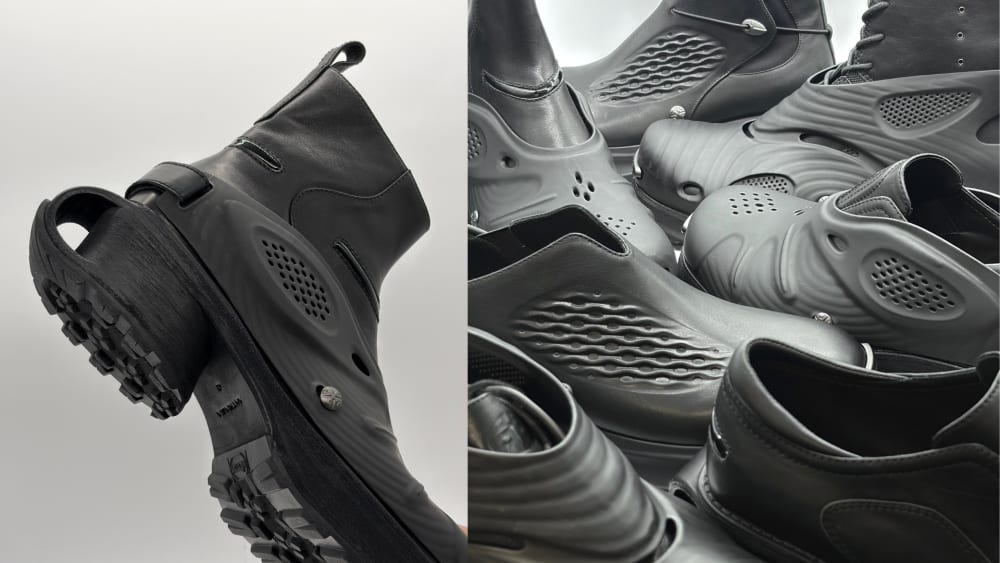 Modern black leather boots with unique rubber details and textured soles. Close-up shows multiple boots with intricate patterns and a sleek, futuristic design.