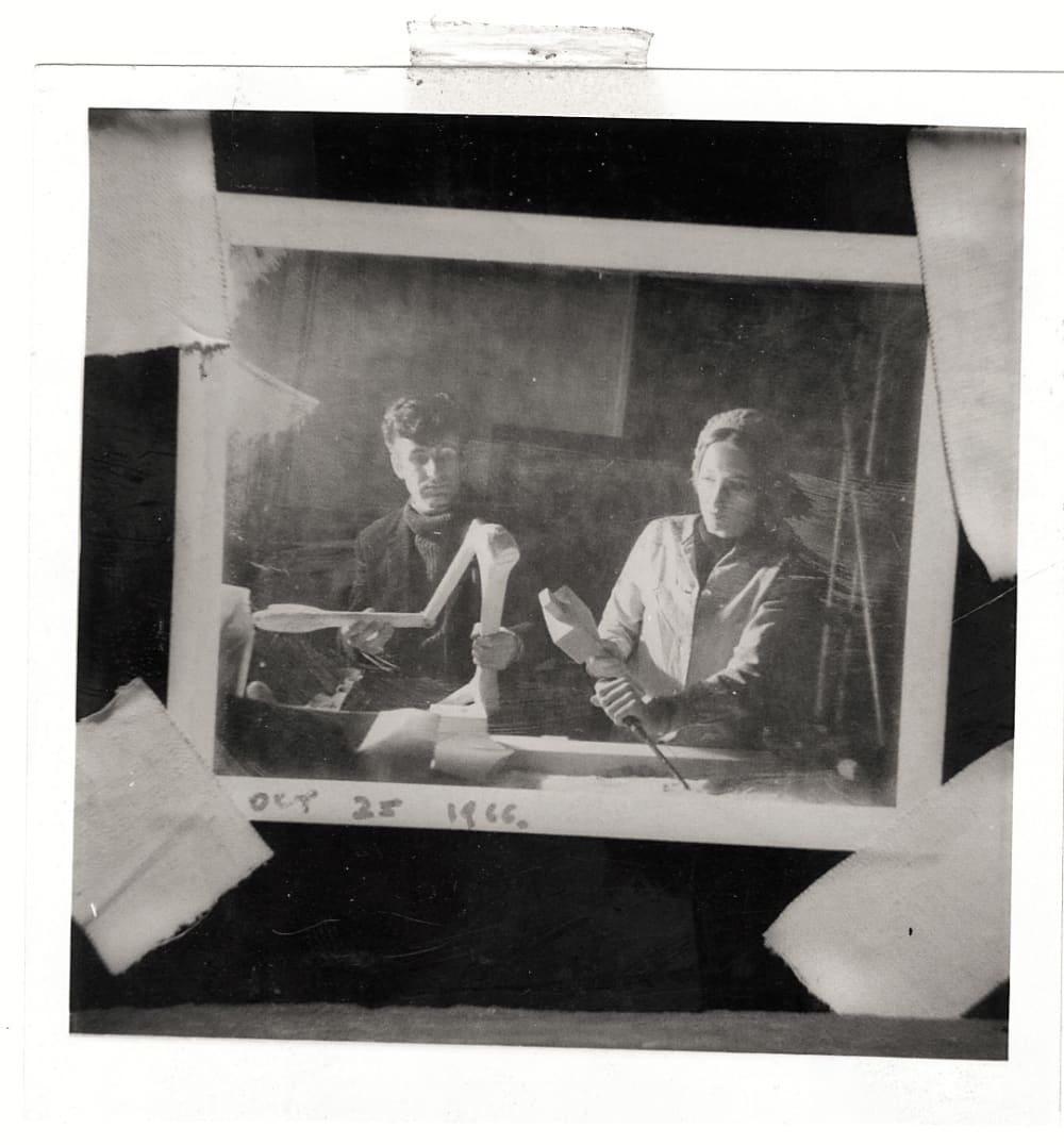 Black-and-white polaroid portrait of Joy Cuff working on set of '2001: A Space Odyssey'