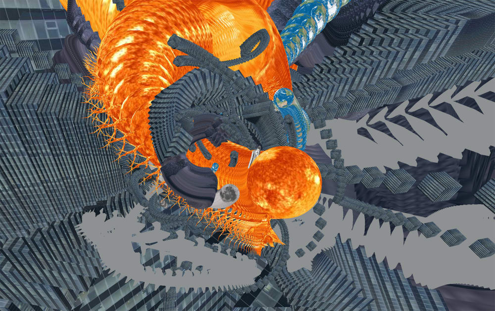 An abstract collage of grey, orange layered on top of each other with digital images of the sun and earch breaking through the grey.