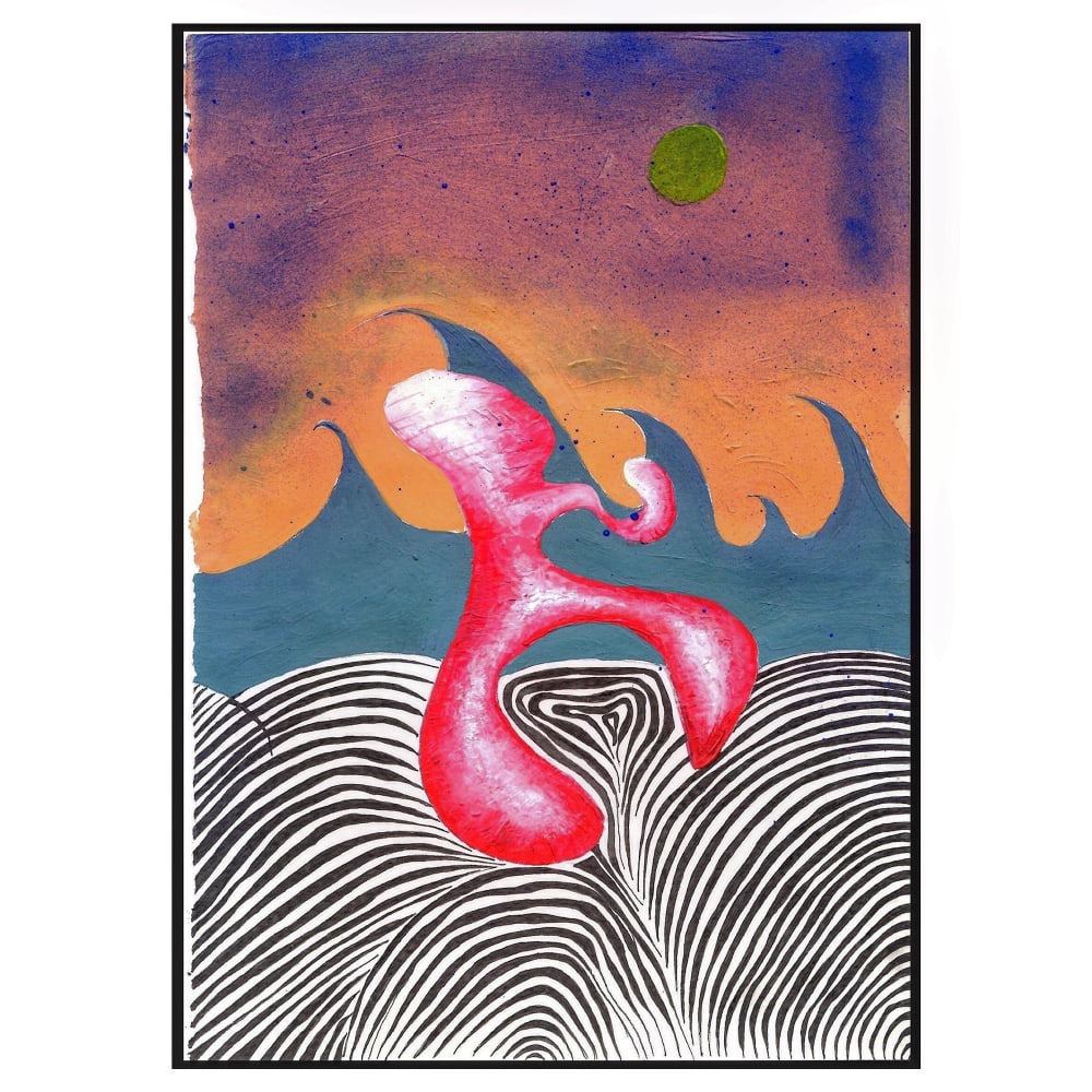 Reflecting dreams there is a pink wish bone shape in the centre of the piece. A orange sky is present with a dull sun. there is wave looking shapes behind the pink shape and the ground is white with black lines
