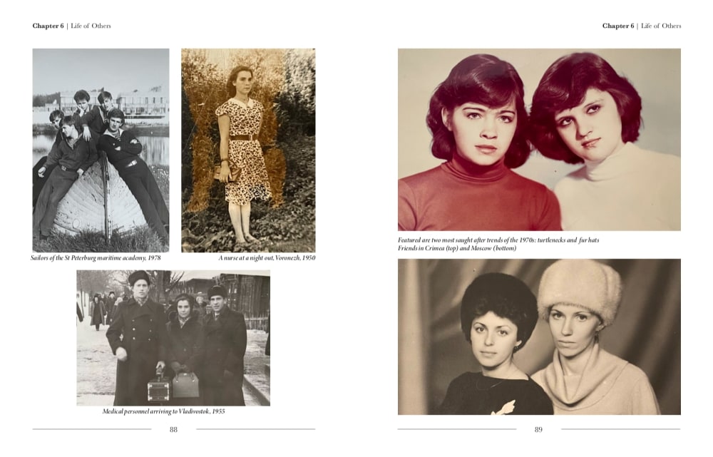 collage of five images featuring soviet fashion outfits from 1950s-1970s