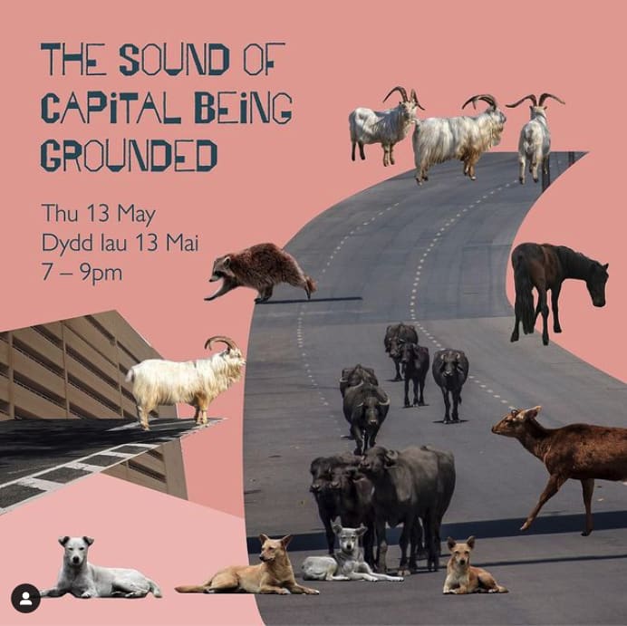 a poster displaying an image of animals walking on a road