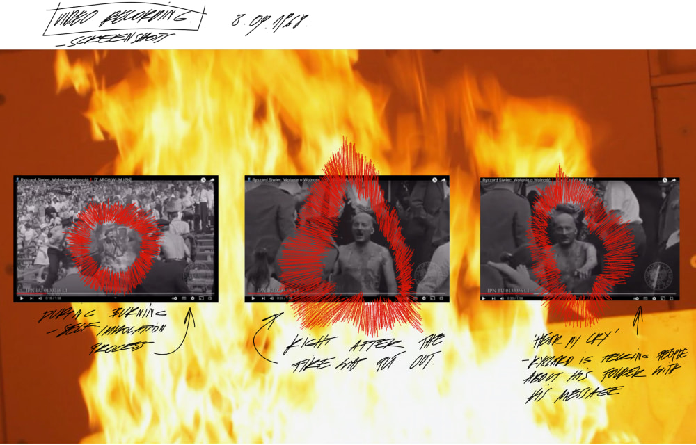 Series of screenshots of Ryszard Siwiec on video recording with connotations 