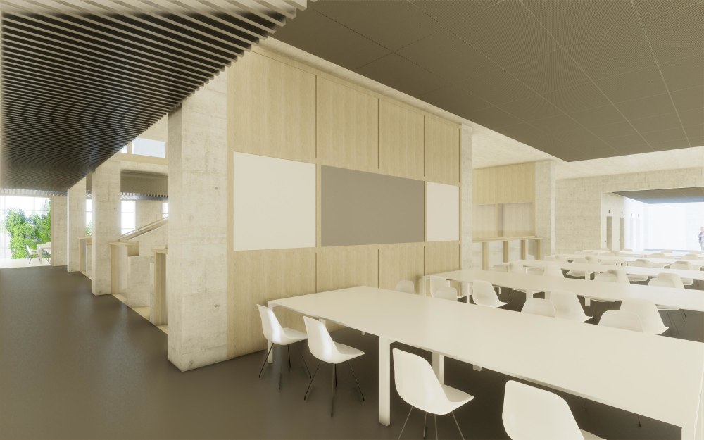 CGI render - a view of a learning space at East Bank. Allies and Morrison. 