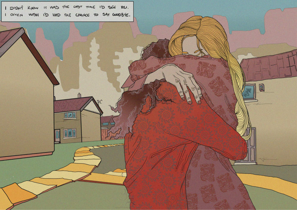 Illustration of two girls hugging by Katie Digan