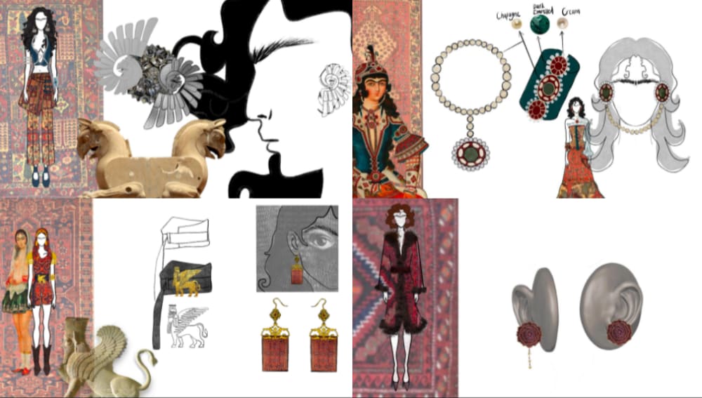 Illustrated collage of 4 looks with inspirations on accessories and Persian carpets 