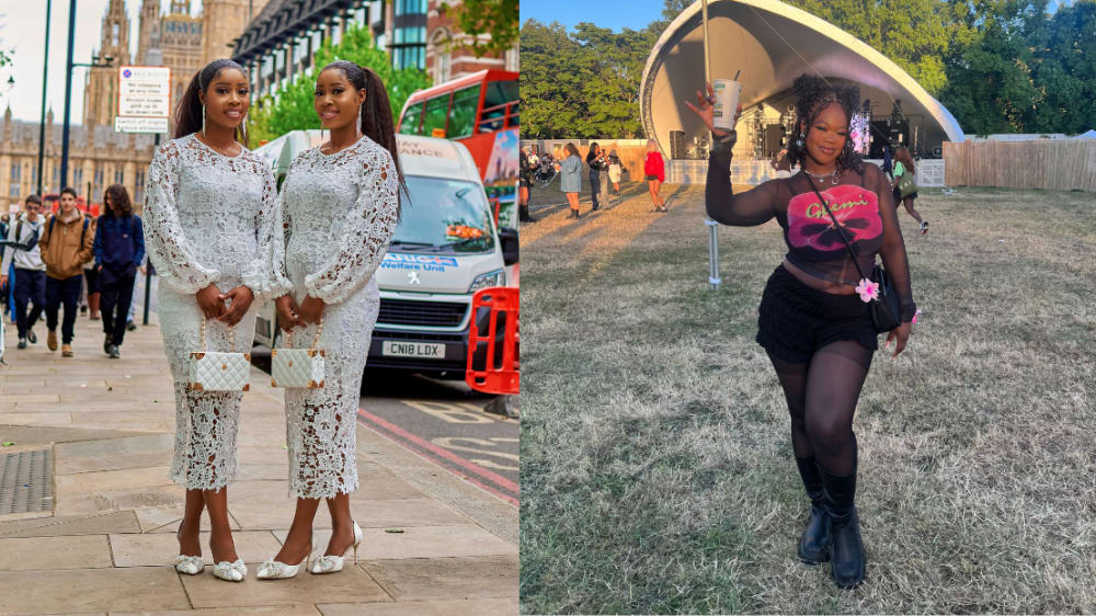 Collage of 2 images. Image on the left of two women dressed in long white dresses, white shoes and white handbags. Left image of a women at a festival in a black skirt, tights and long sleeve shirt with pink logo on the front. holding a drink in their left hand.