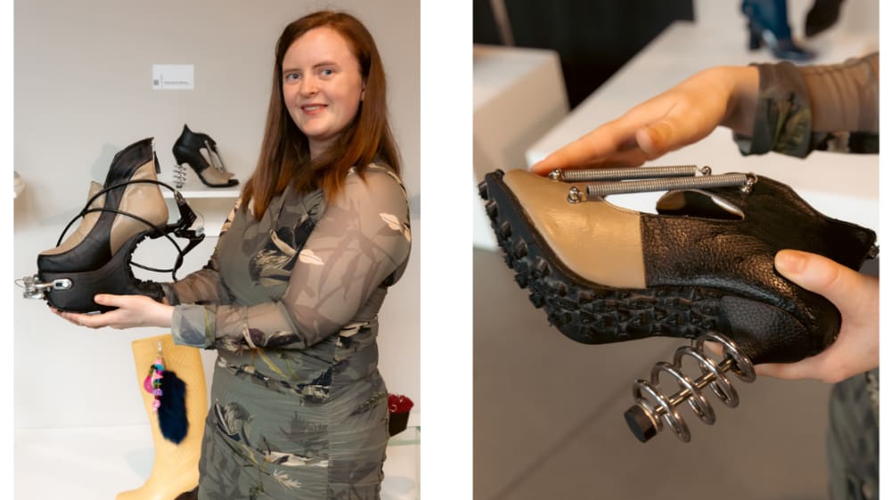 Two images of person holding up shoe smiling at camera.
