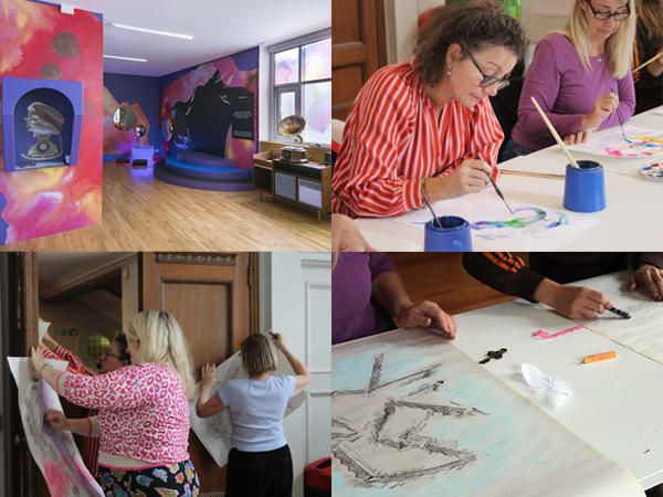 Top left image shows an surrealist exhibition space featuring collaged artwork and pink, and purple hues. The other 3 imagesSeries of images show tutors using drawing and mark making. 