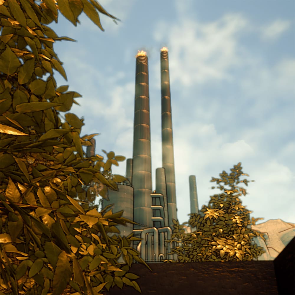 Image is of the game, there are 2 big chimneys pushing out waste into the sky, there are bushes and plants growing around the 2 chimneys.