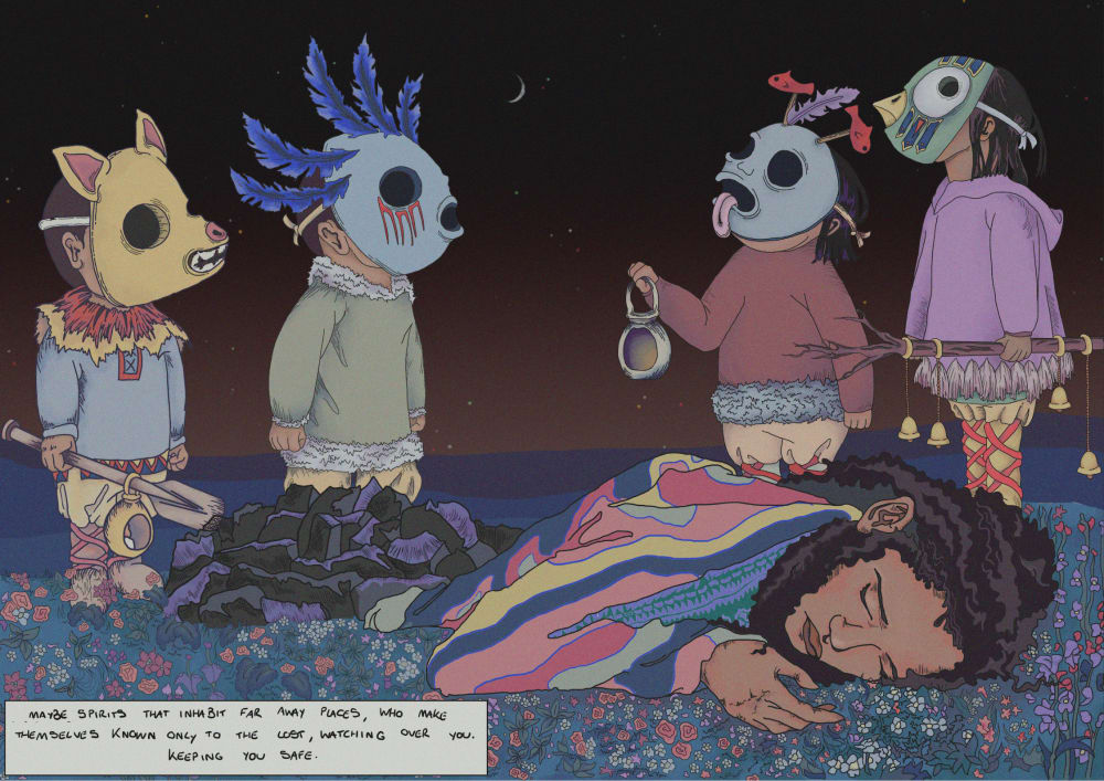 Illustration of girl laying on a meadow of flowers in the night with 4 spirit characters overshadowing her. 