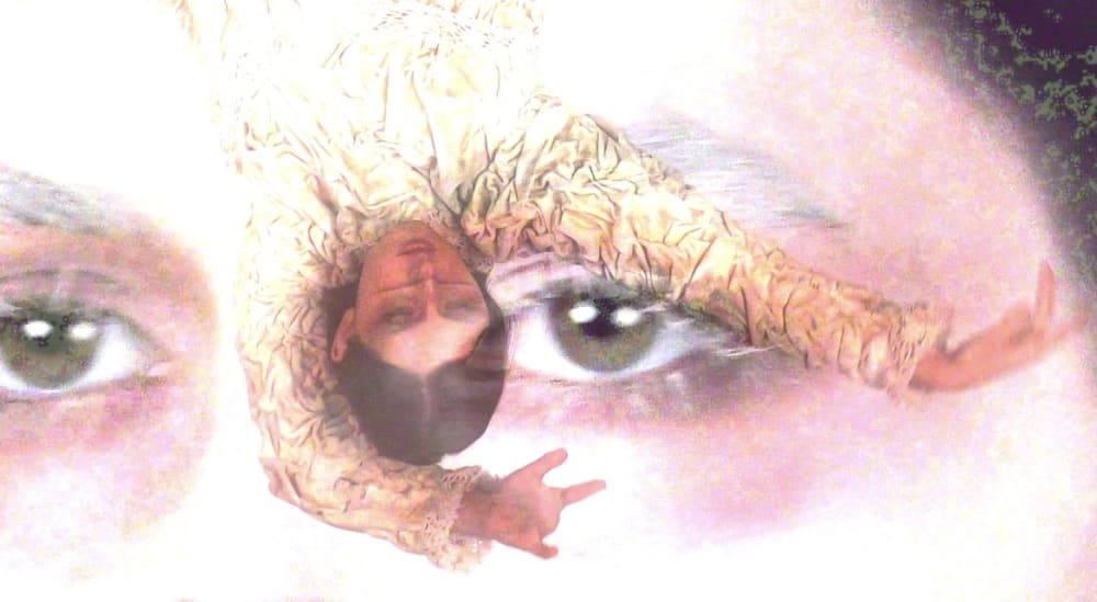 Close up of eyes, with person edited on top swaying to the right.