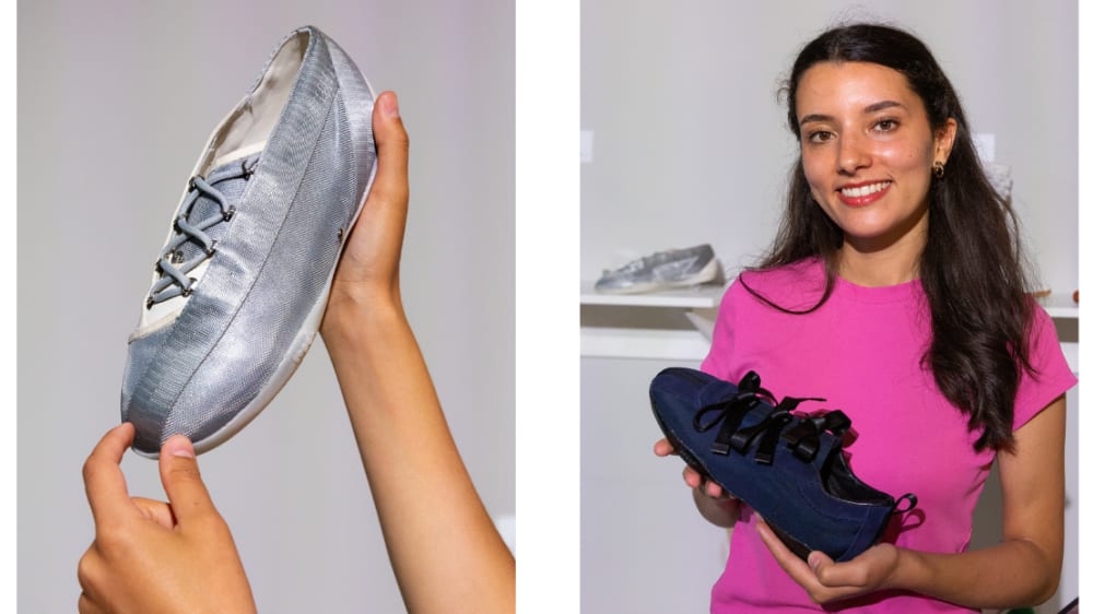 Two images of person holding up shoe and smiling at camera