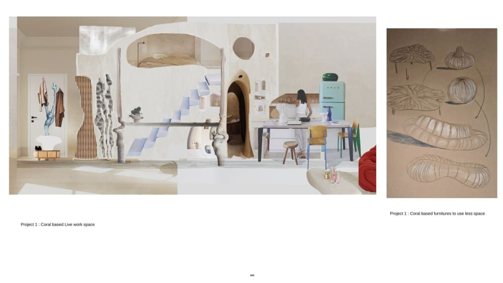 The image shows a domestic space with a kitchen and living area. The design is influenced by corals under the sea.