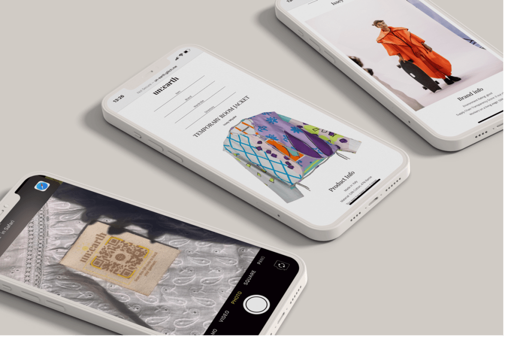 mockup of three phones showing screens of a clothing app