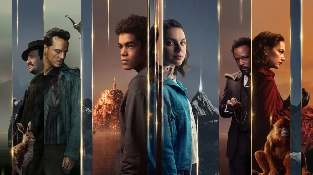 Image shows a promotional poster for the BBC TV show ‘His Dark Materials’. The image is split into 6 segments, each showing a different character from the show.