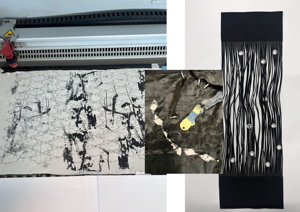 Collage showcasing laser cutting techniques with machine