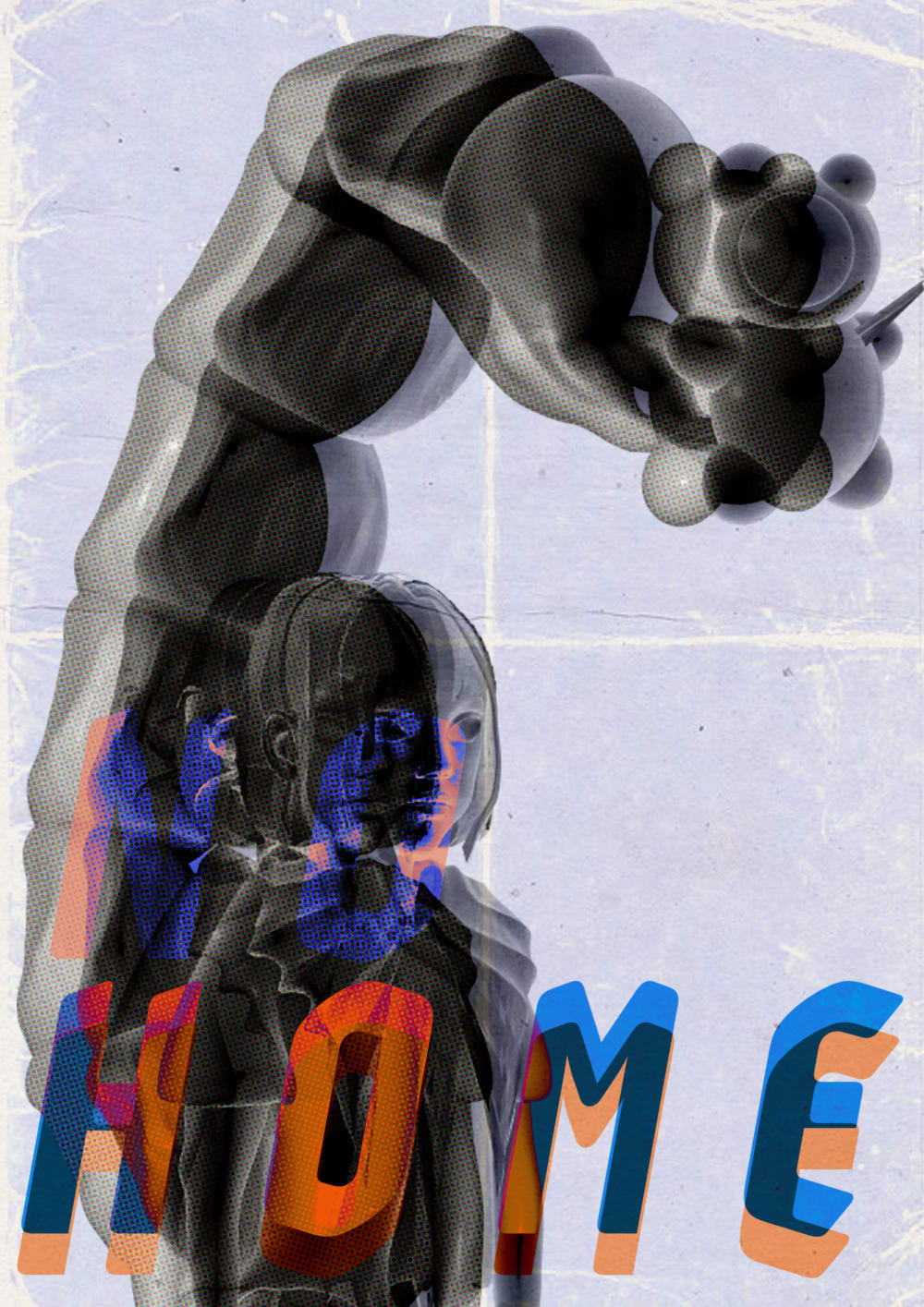 Silhouette image of person with bulging shape, and the word 'Home' imprinted over the top.