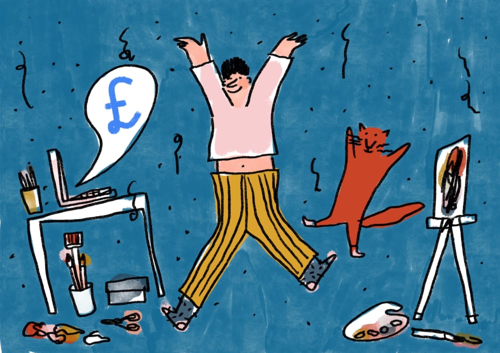 Illustration of a character jumping, with a cat, on a blue background. A speech bubble with a £ sign in it comes out of a computer.