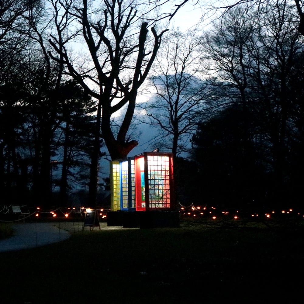 Illuminated colorful glass panels glow in a park at dusk among tall trees