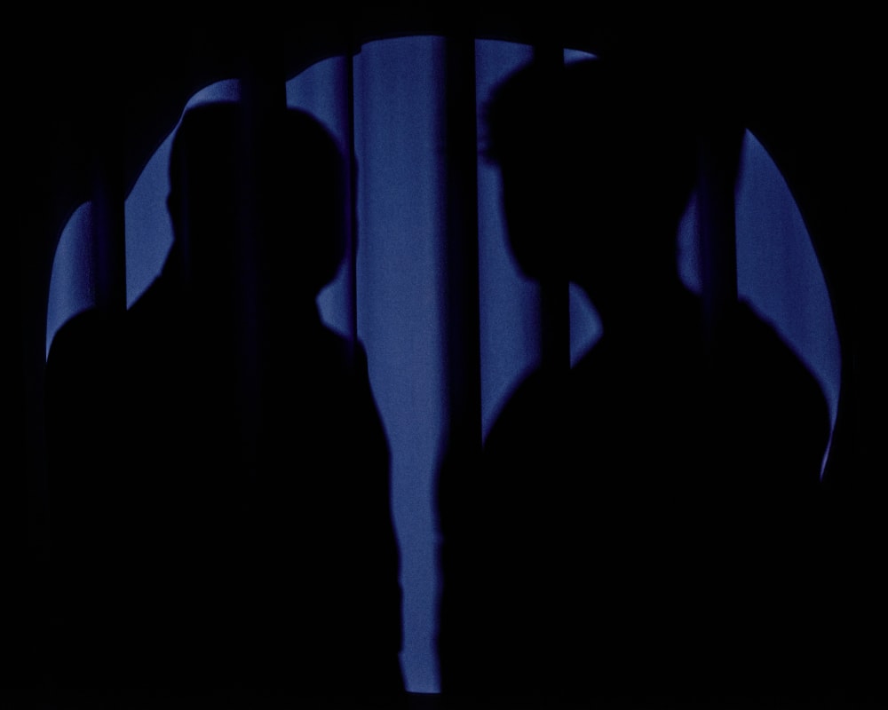 Neil and Ciaran's silhouettes on a backdrop of a dark blue theatre curtain