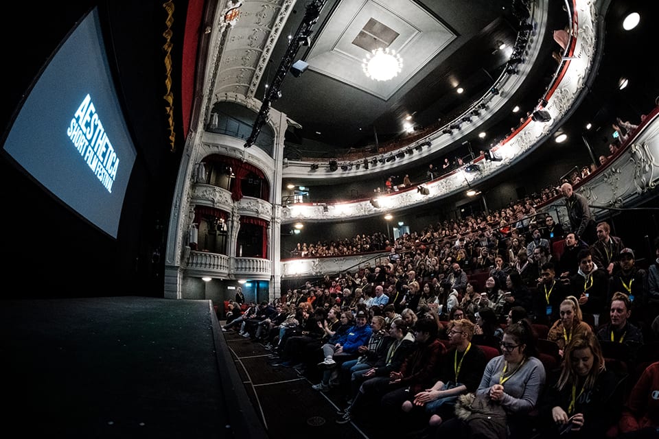 People watching a talk in a cinema