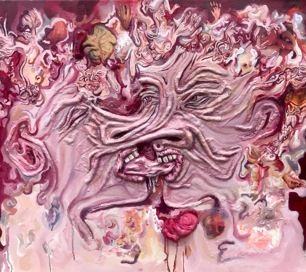Canvas painting of two enzymes given human features and kissing
