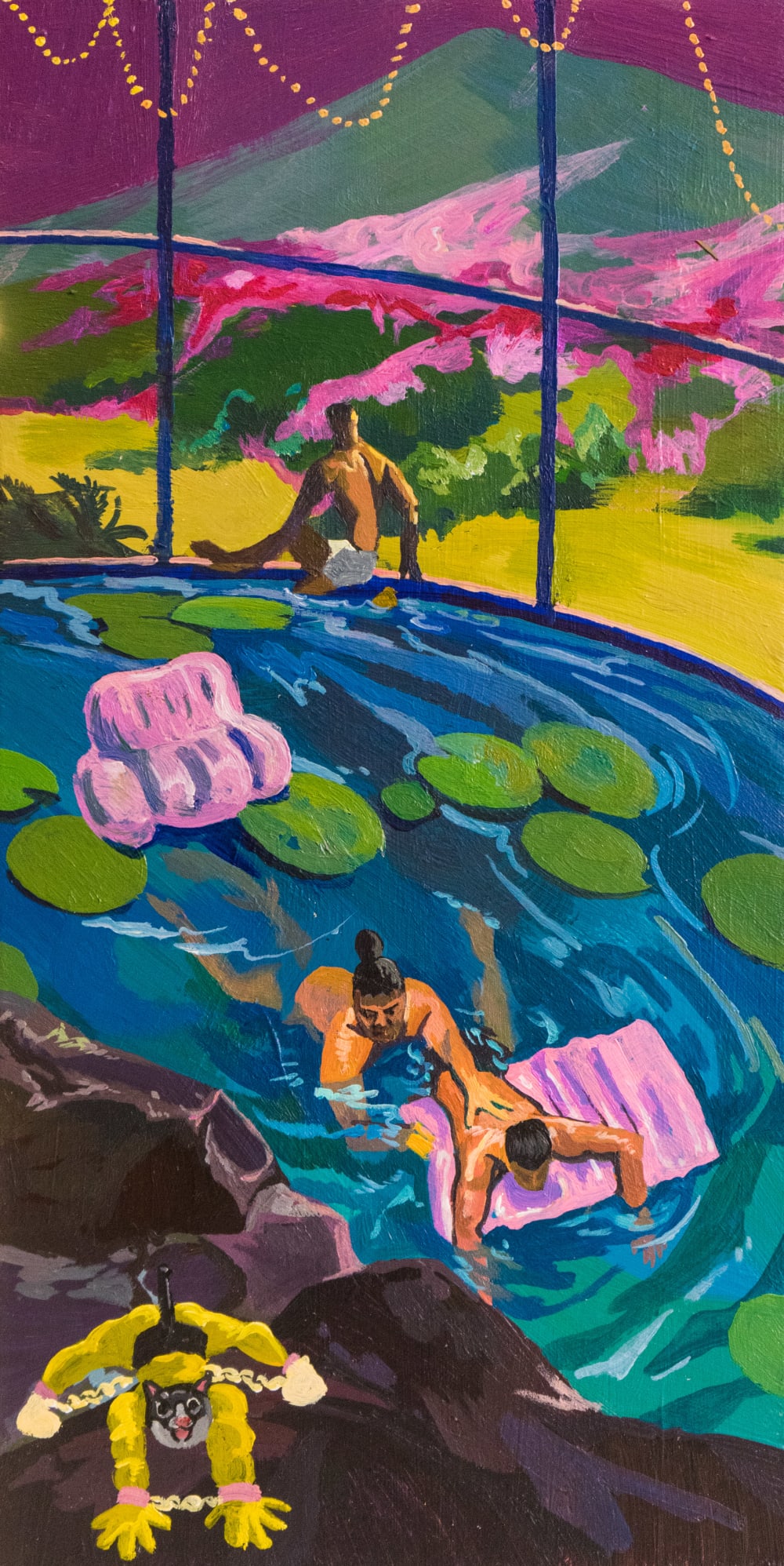 a painting of people in a lake