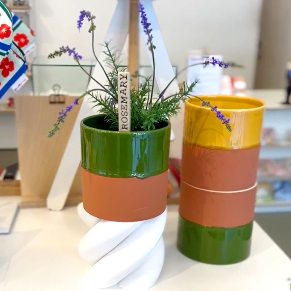 Ceramic planter label with Rosemary printed on it sticks out of a plant pot on a shop display shelf.