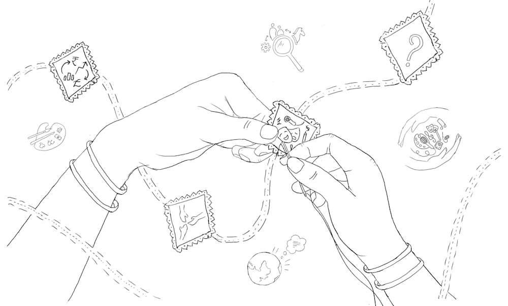 Illustration of hands with bangles sawing postcard-like images to a thread