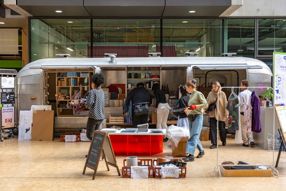 Photograph of a swap-shop textiles and materials event.