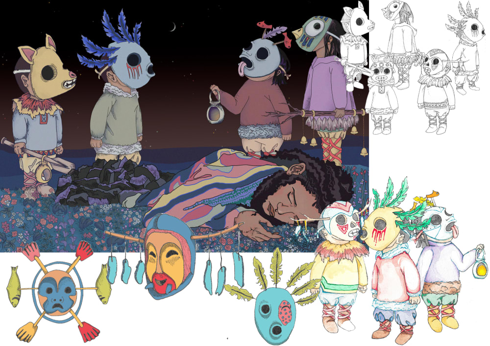 Illustration of girl laying face flat on flower meadow with Indigenous American spirit creatures and drawings of inspirations.