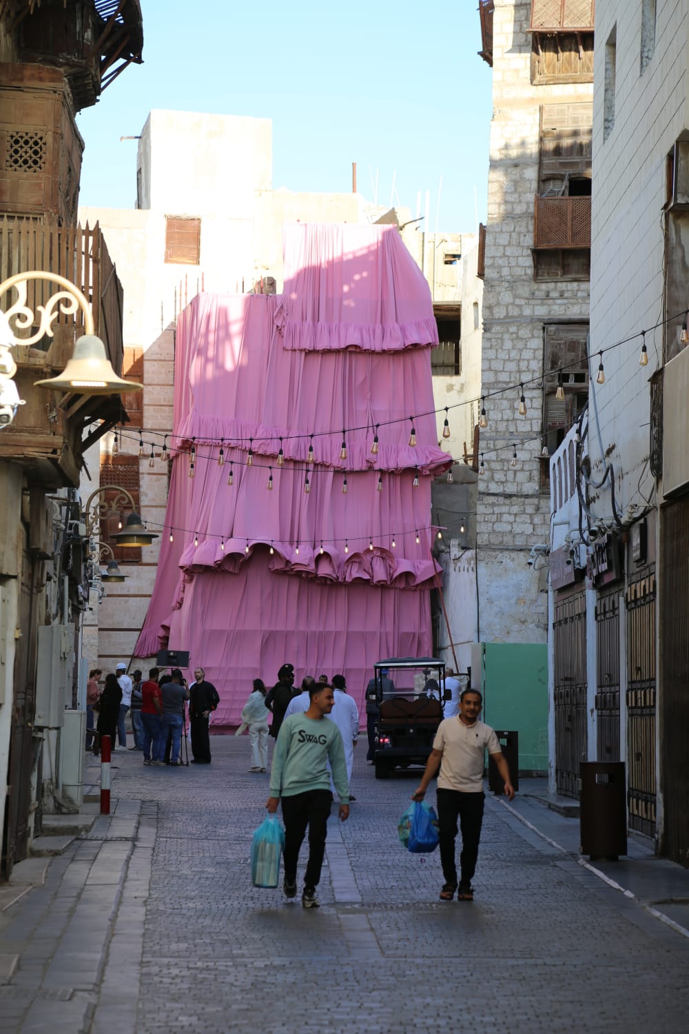Photo of an outside building covered entirely in pink, layered material.