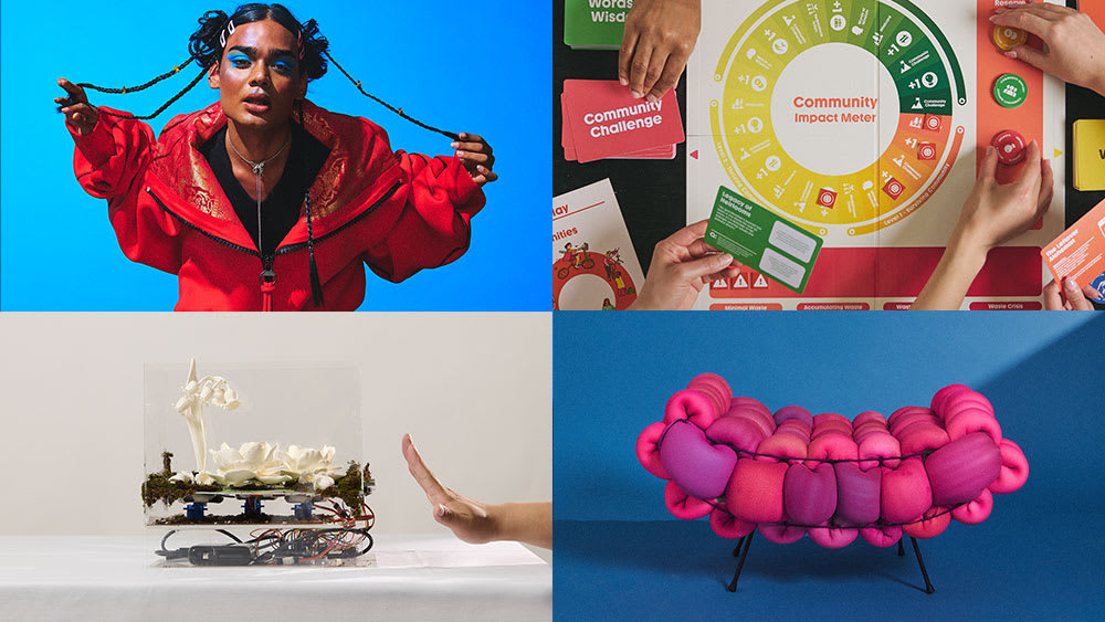 A collage of four images: a person in a red jacket with braided hair against a blue background, a community board game with hands arranging cards, a hand gesturing towards a sensor on a floral robotic art piece in a box, and a pink, cushioned chair on a blue backdrop.