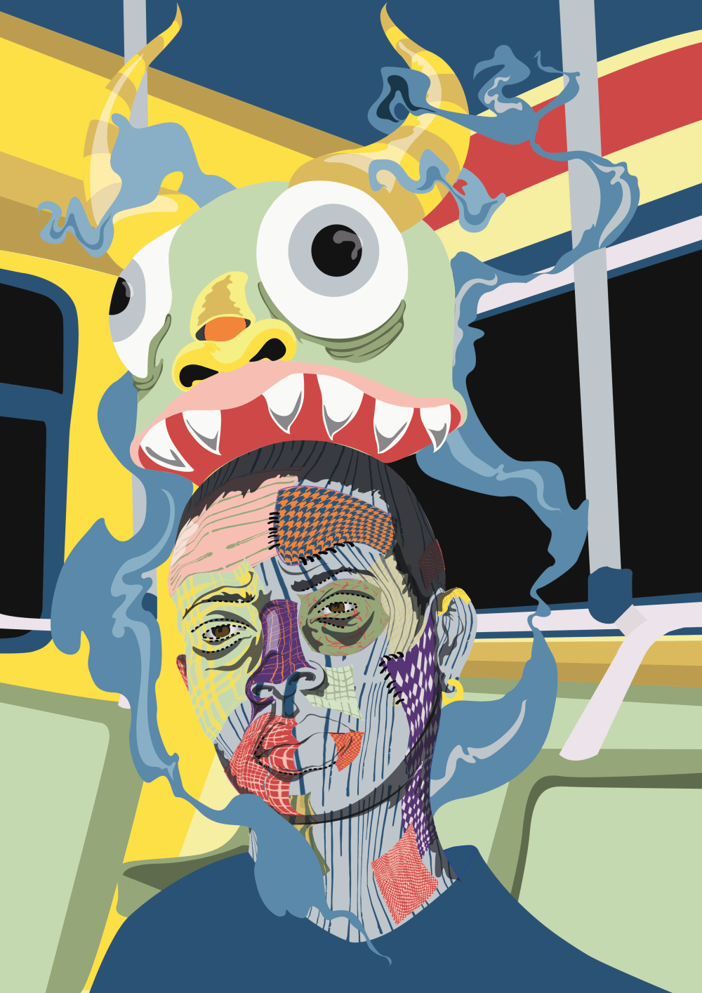 Colourful Illustration of a man in a bus with a indigenous spirit overshadowing over his head 