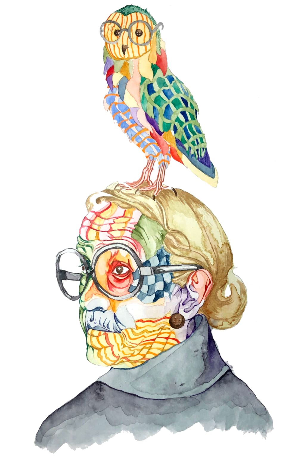 Drawing of woman with an owl sitting on head both wearing circular glasses