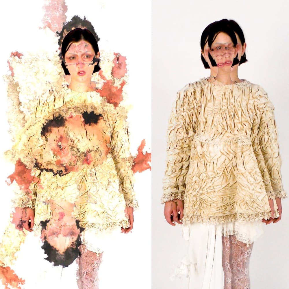 Person in gold yellow dress, with elements of photo edited giving a smudged effect