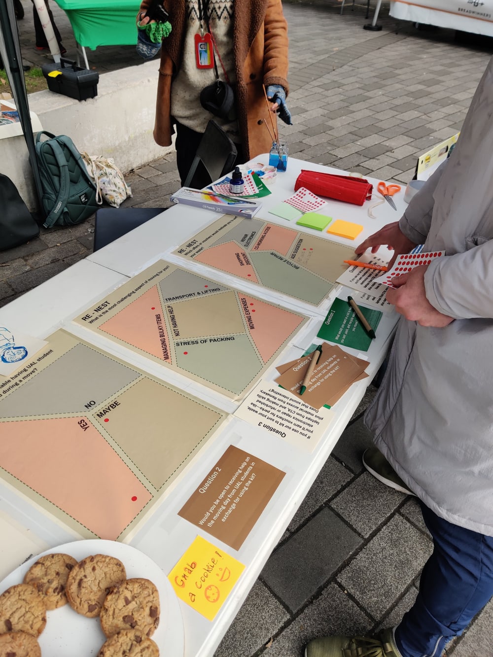 Flyers on a table with people around