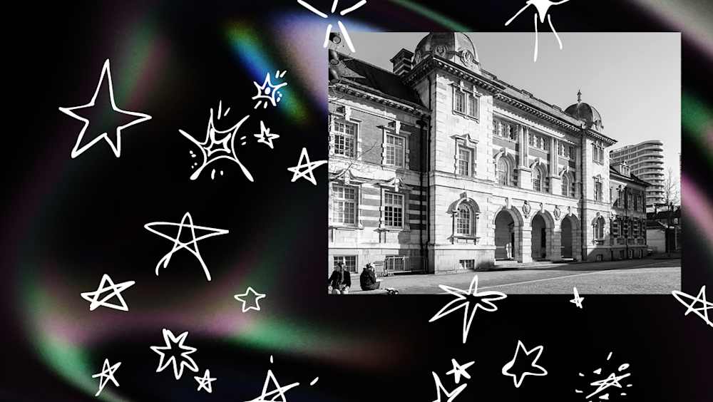 A black and white photo of a College building with arches and stone decoration in the sunshine. Surrounded by Welcome Campaign decorative border of a black background with white, hand drawn stars