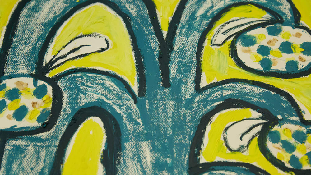 Abstract painting of a yellow and green plant like structure by Yuanyuan Liu.