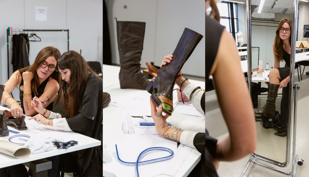 People looking at green and brown boot.