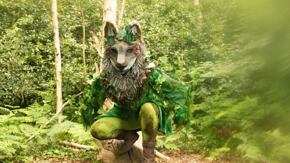 Person dressed as a wolf in a wood.