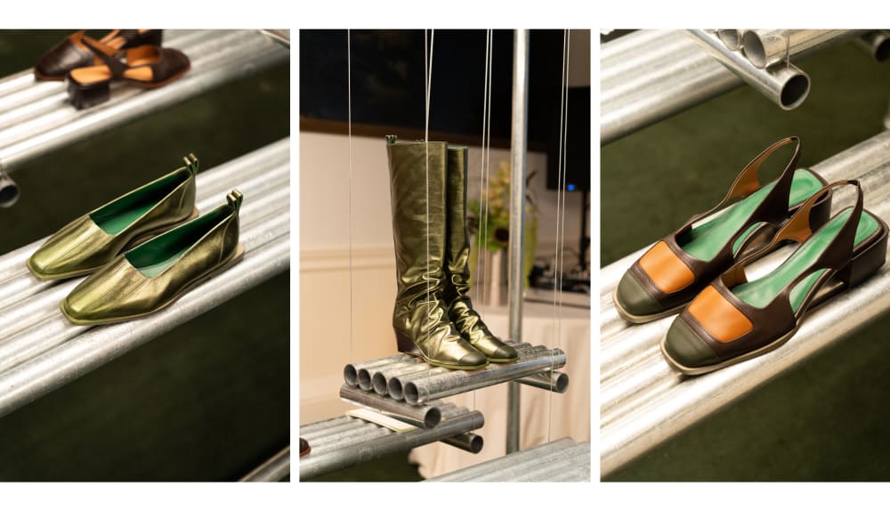 3 pictures of metallic green shoes.