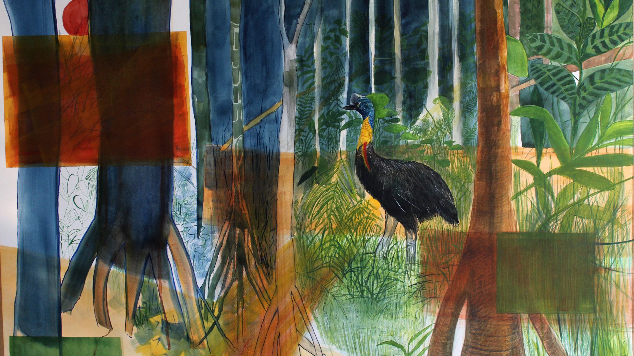 Colourful painting of a cassowary bird amongst trees 